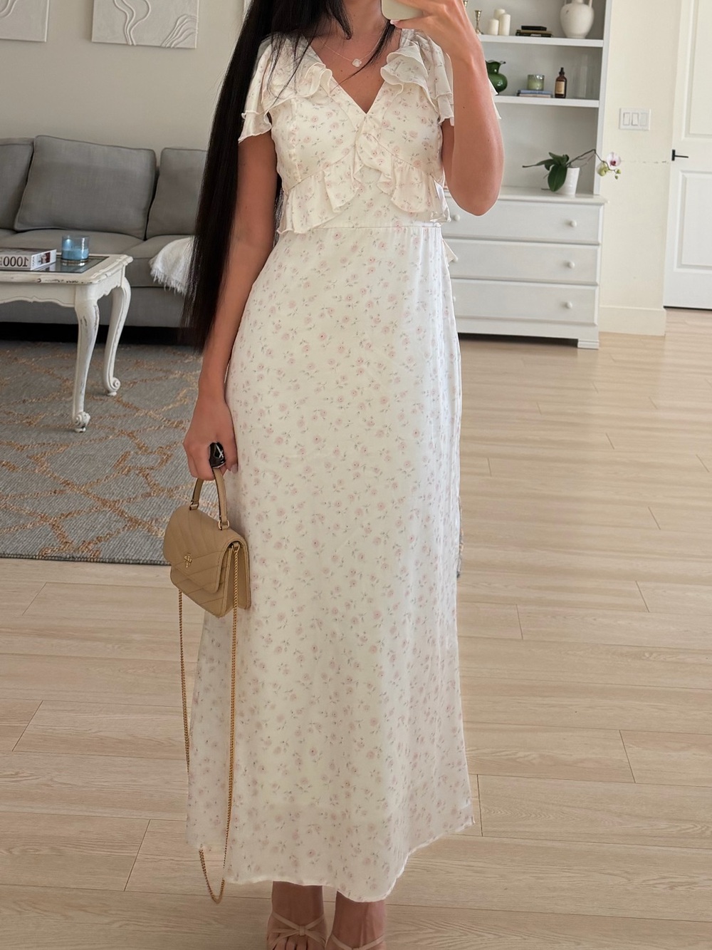 Aritzia Cream Maxi Dress with Subtle Floral Print